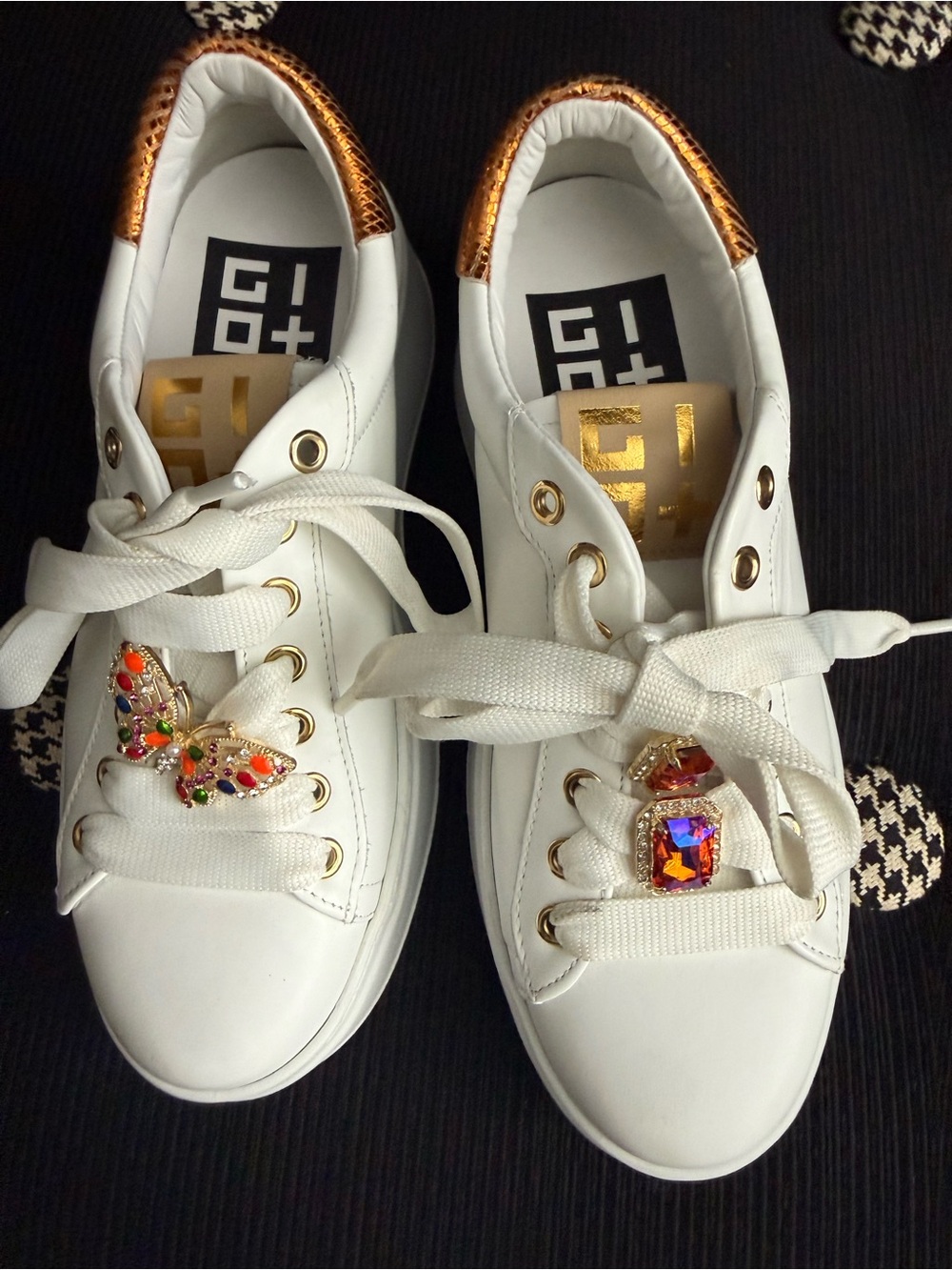 OTTO White Sneakers with Metallic Copper Heel and Multicolor Jewel Accents